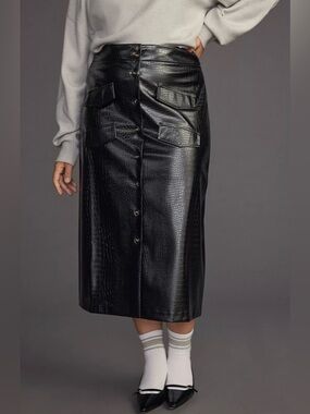 Anthropologie x Mare Mare Black Faux Leather Croc Embossed Utility Skirt 2X NWT